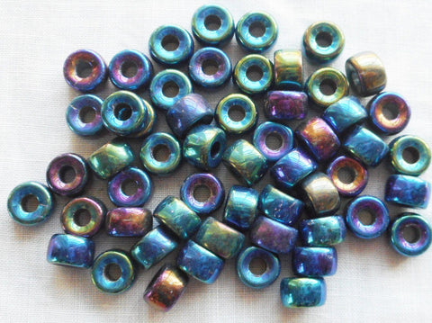50 6mm Czech Blue Iris pony roller beads, large hole iridescent  multicolored glass crow beads, C7450 – Glorious Glass Beads