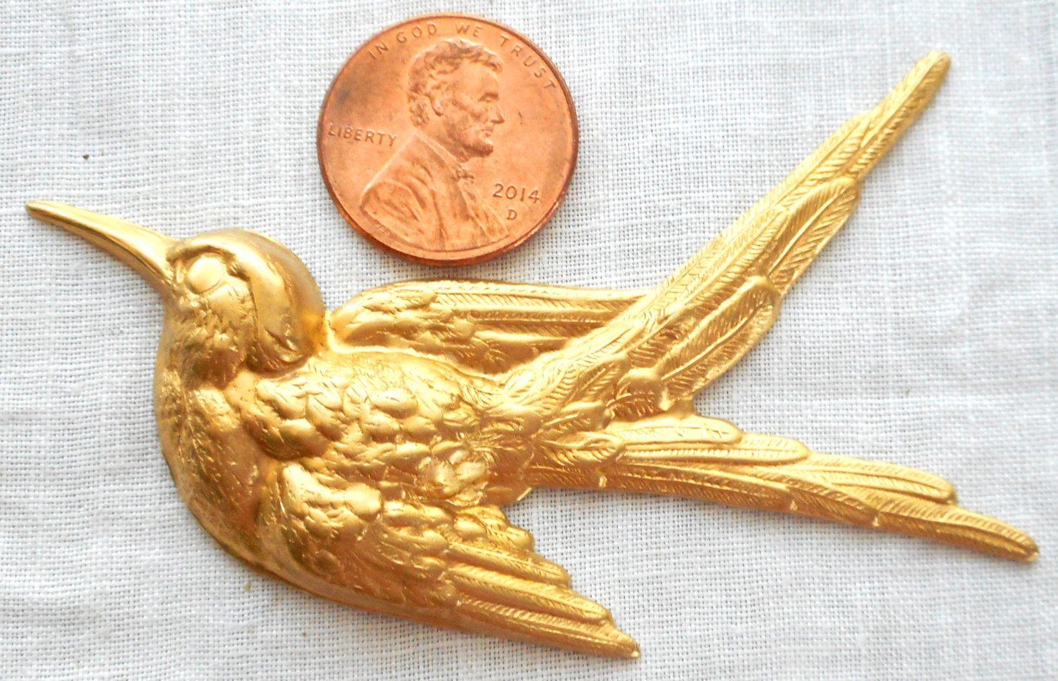 One large raw brass Flying Bird, Sparrow pendant, charm, brass stamping,  74mm x 52mm made in the USA, C2601